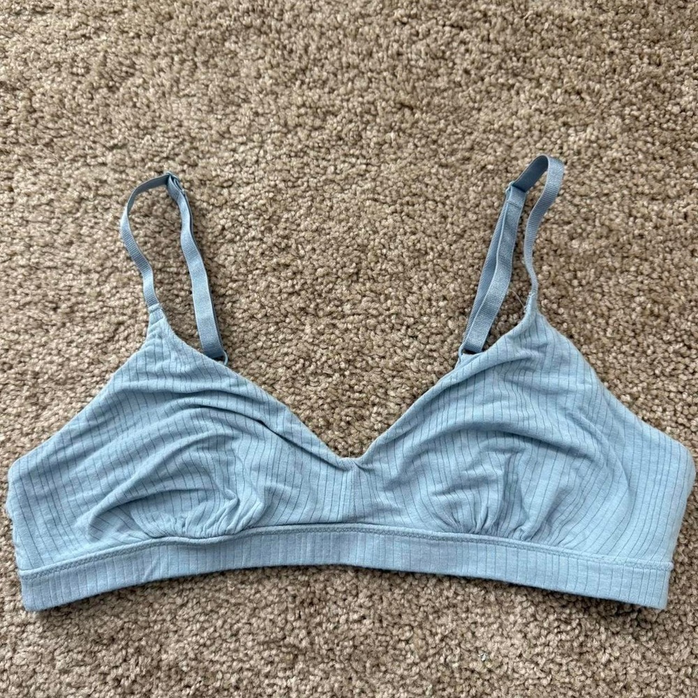 Aerie Blue Ribbed Bralette Sports Bra V-Neck Adjustable Straps Womens Size M